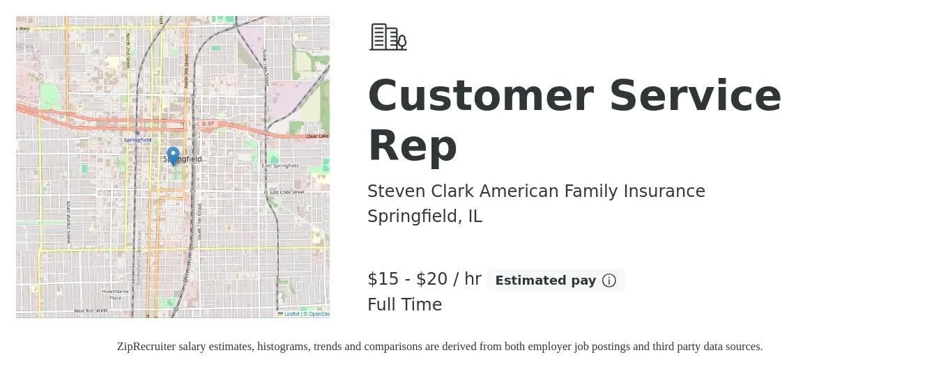 Steven Clark American Family Insurance job posting for a Customer Service Rep in Springfield, IL with a salary of $16 to $21 Hourly with a map of Springfield location.