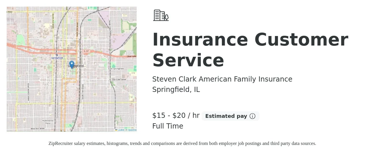 Steven Clark American Family Insurance job posting for a Insurance Customer Service in Springfield, IL with a salary of $16 to $21 Hourly with a map of Springfield location.