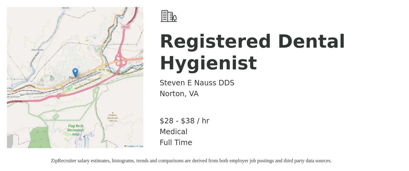 Steven E Nauss DDS job posting for a Registered Dental Hygienist in Norton, VA with a salary of $30 to $40 Hourly and benefits including medical with a map of Norton location.
