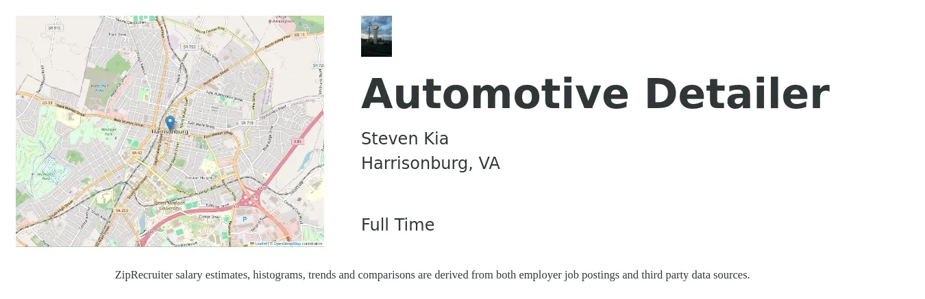 Steven Kia job posting for a Automotive Detailer in Harrisonburg, VA with a salary of $14 to $17 Hourly with a map of Harrisonburg location.