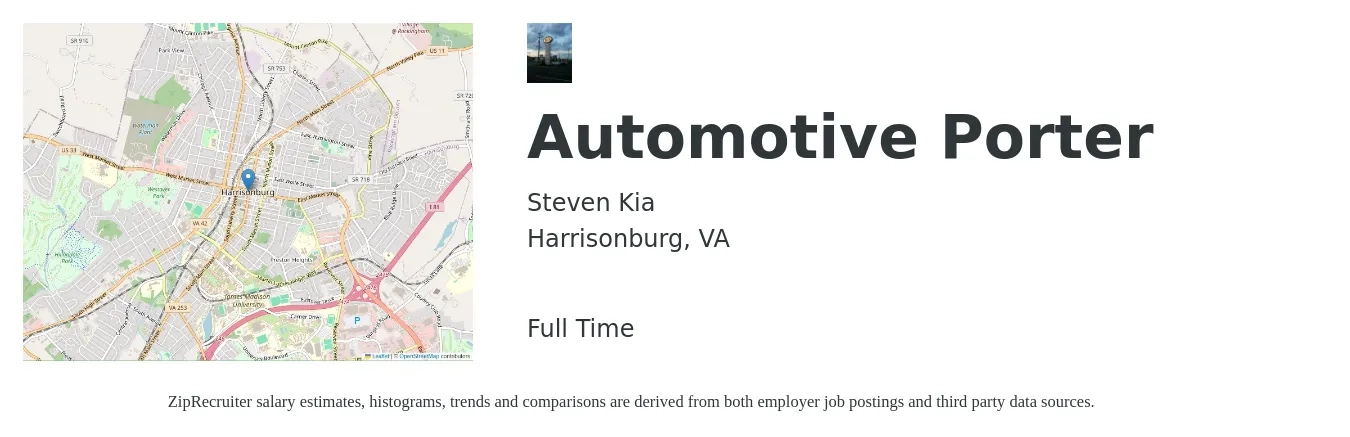 Steven Kia job posting for a Automotive Porter in Harrisonburg, VA with a salary of $13 to $15 Hourly with a map of Harrisonburg location.
