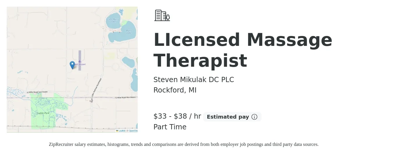 Steven Mikulak DC PLC job posting for a LIcensed Massage Therapist in Rockford, MI with a salary of $35 to $40 Hourly and benefits including pto with a map of Rockford location.