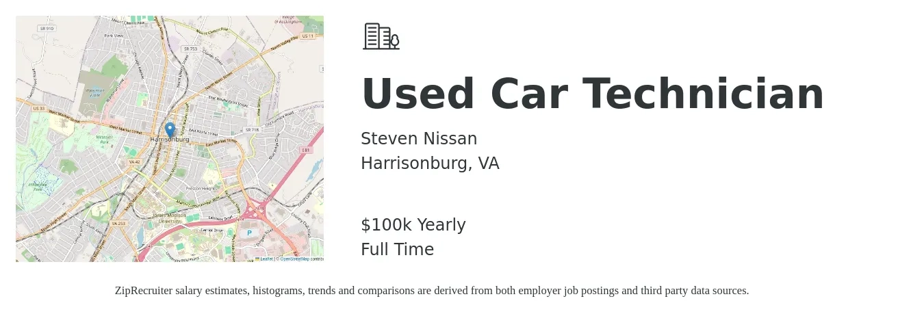 Steven Nissan job posting for a Used Car Technician in Harrisonburg, VA with a salary of $100,000 Yearly with a map of Harrisonburg location.