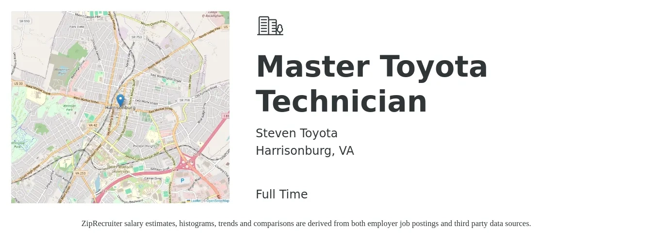 Steven Toyota job posting for a Master Toyota Technician in Harrisonburg, VA with a salary of $29 to $42 Hourly with a map of Harrisonburg location.