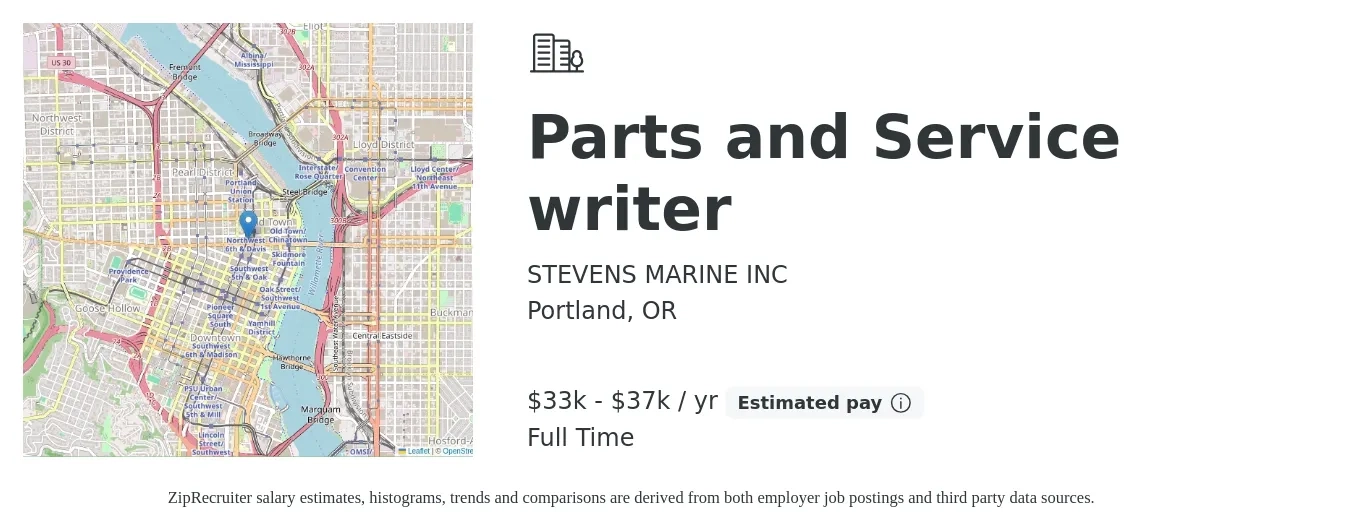 STEVENS MARINE INC job posting for a Parts and Service writer in Portland, OR with a salary of $33,000 to $37,000 Yearly with a map of Portland location.