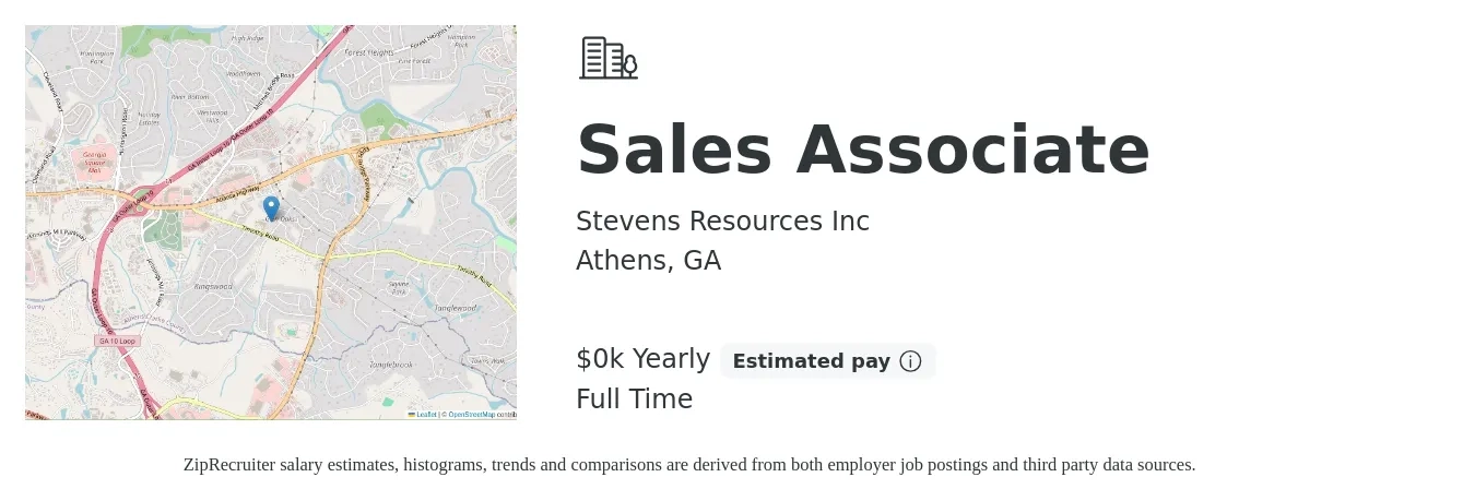 Stevens Resources Inc job posting for a Sales Associate in Athens, GA with a salary of $16 to $16 Yearly with a map of Athens location.