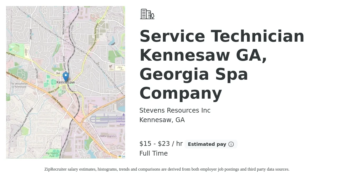 Stevens Resources Inc job posting for a Service Technician Kennesaw GA, Georgia Spa Company in Kennesaw, GA with a salary of $16 to $24 Hourly with a map of Kennesaw location.