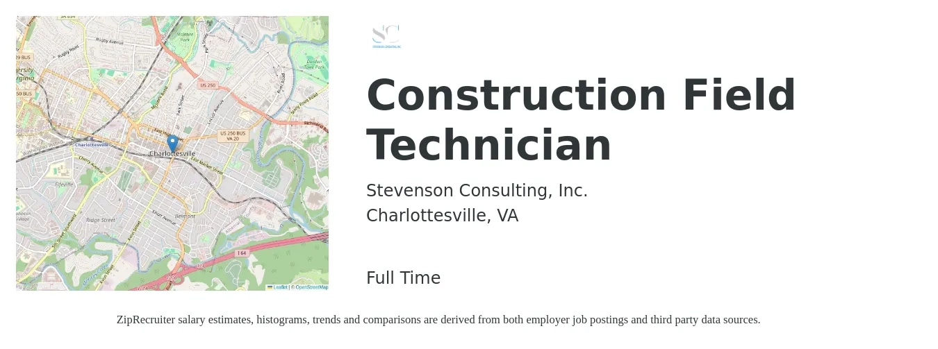 Stevenson Consulting, Inc. job posting for a Construction Field Technician in Charlottesville, VA with a salary of $18 to $25 Hourly with a map of Charlottesville location.
