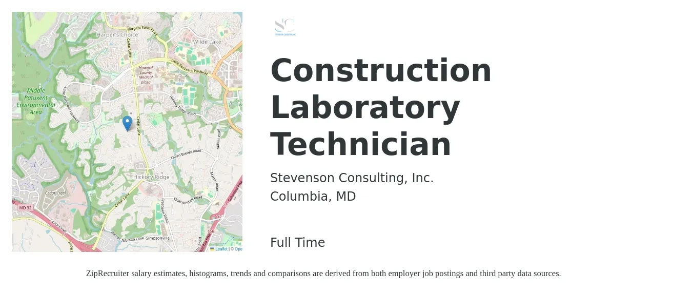 Stevenson Consulting, Inc. job posting for a Construction Laboratory Technician in Columbia, MD with a salary of $19 to $25 Hourly with a map of Columbia location.