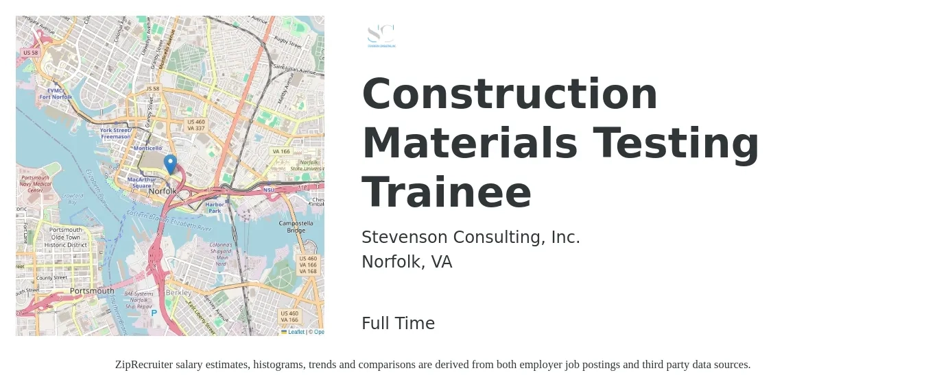 Stevenson Consulting, Inc. job posting for a Construction Materials Testing Trainee in Norfolk, VA with a map of Norfolk location.