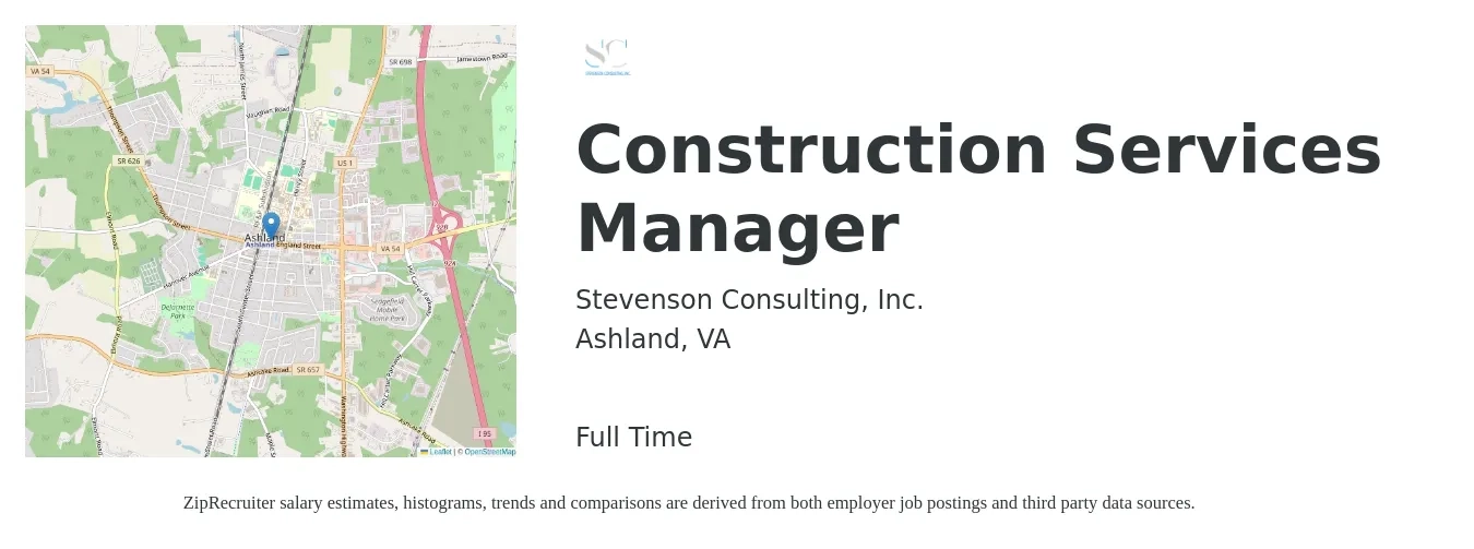 Stevenson Consulting, Inc. job posting for a Construction Services Manager in Ashland, VA with a salary of $66,600 to $108,300 Yearly with a map of Ashland location.