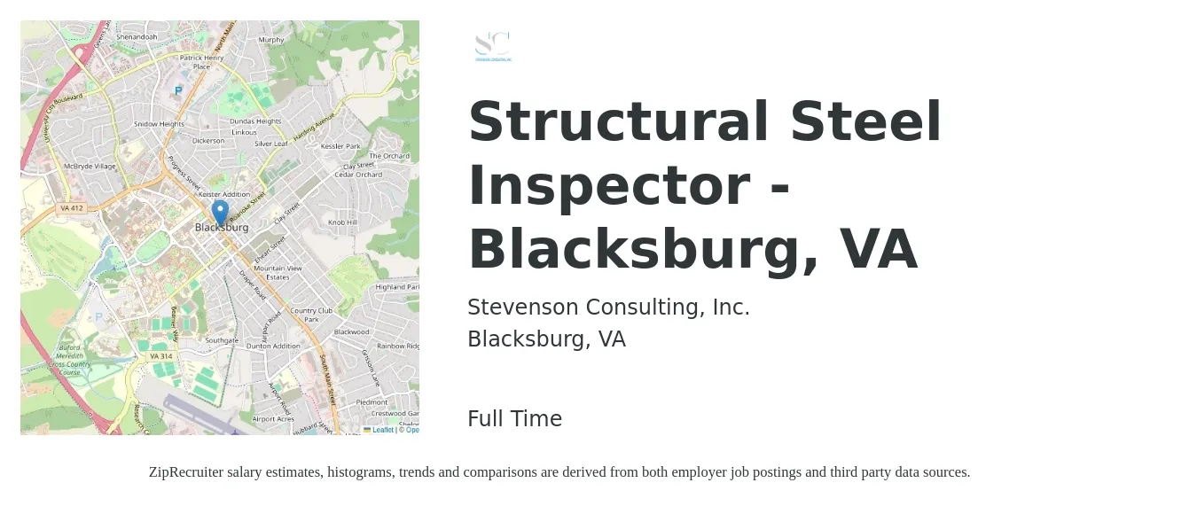 Stevenson Consulting, Inc. job posting for a Structural Steel Inspector - Blacksburg, VA in Blacksburg, VA with a salary of $32,900 to $54,300 Yearly with a map of Blacksburg location.