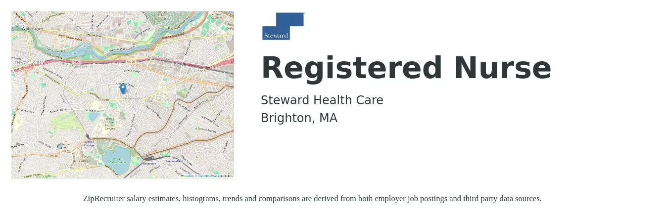 Steward Health Care job posting for a Registered Nurse in Brighton, MA with a salary of $36 to $57 Hourly with a map of Brighton location.