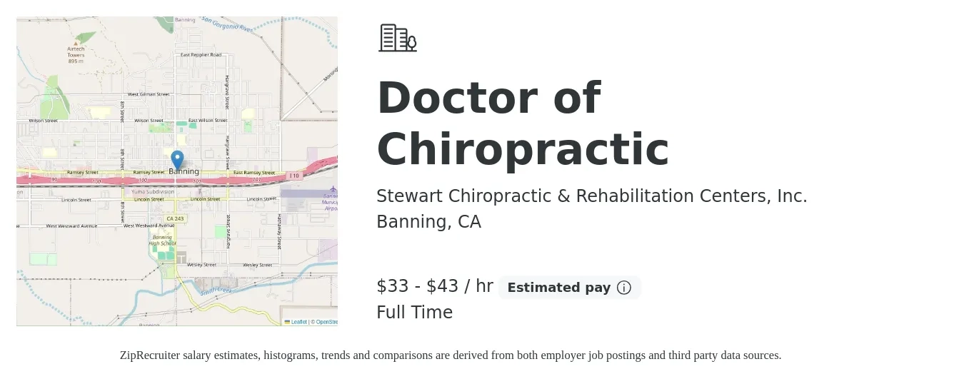 Stewart Chiropractic & Rehabilitation Centers, Inc. job posting for a Doctor of Chiropractic in Banning, CA with a salary of $35 to $45 Hourly with a map of Banning location.