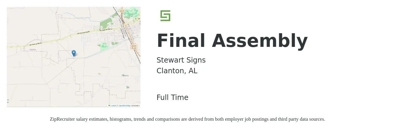 Stewart Signs job posting for a Final Assembly in Clanton, AL with a salary of $15 to $18 Hourly with a map of Clanton location.