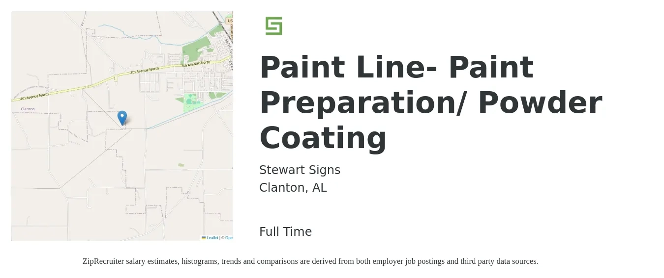 Stewart Signs job posting for a Paint Line- Paint Preparation/ Powder Coating in Clanton, AL with a salary of $14 to $17 Hourly with a map of Clanton location.