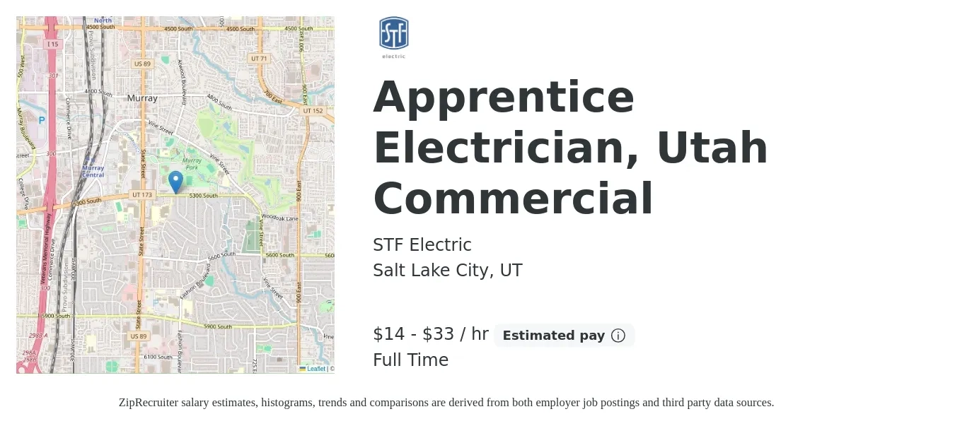 STF Electric job posting for a Apprentice Electrician, Utah Commercial in Salt Lake City, UT with a salary of $15 to $35 Hourly with a map of Salt Lake City location.