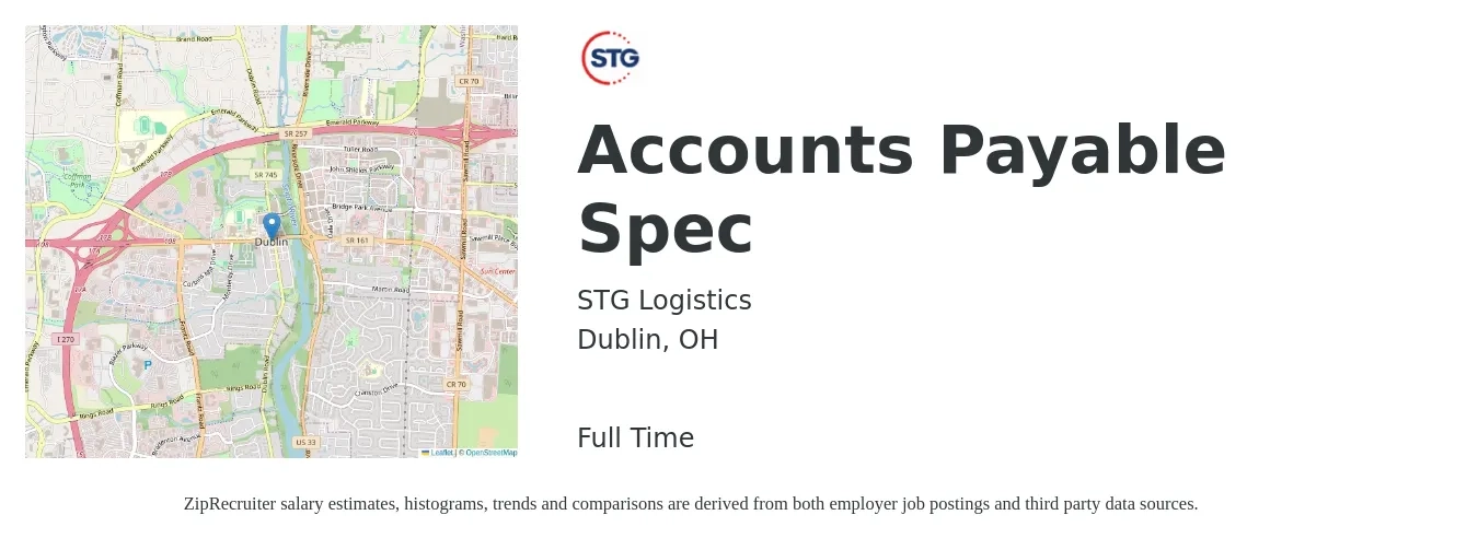 STG Logistics job posting for a Accounts Payable Spec in Dublin, OH with a salary of $20 to $26 Hourly with a map of Dublin location.