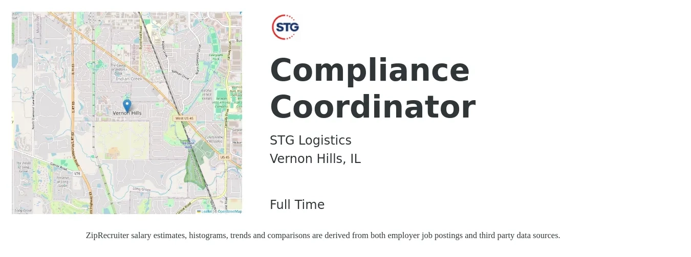 STG Logistics job posting for a Compliance Coordinator in Vernon Hills, IL with a salary of $44,800 to $63,800 Yearly with a map of Vernon Hills location.