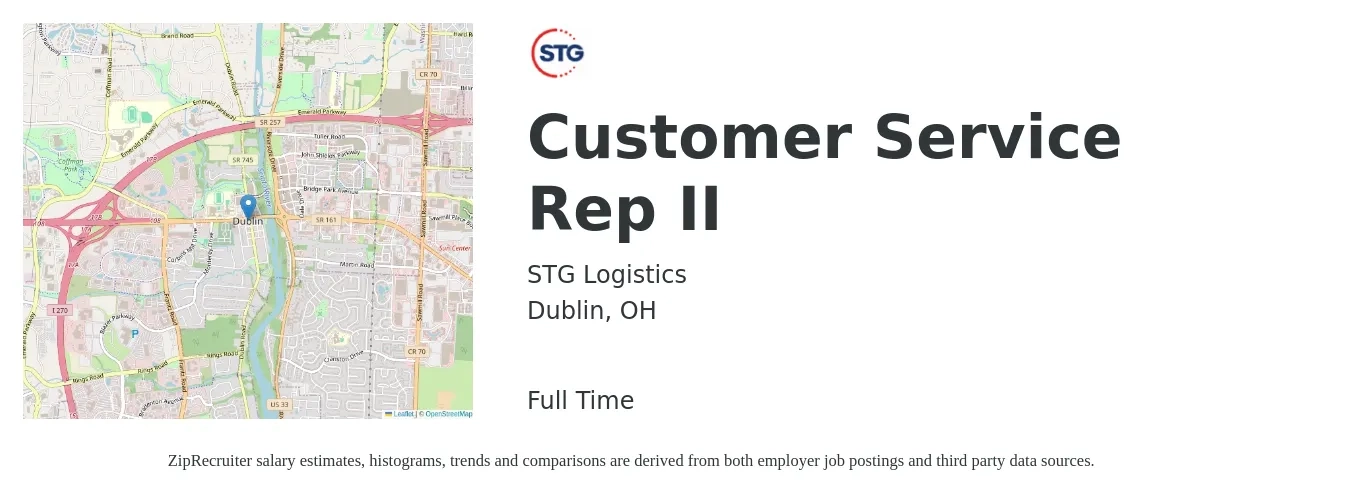 STG Logistics job posting for a Customer Service Rep II in Dublin, OH with a salary of $16 to $21 Hourly with a map of Dublin location.