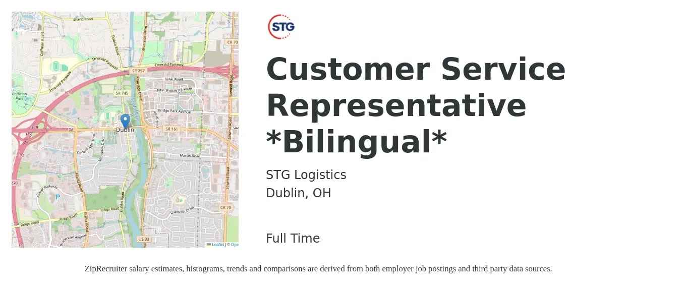 STG Logistics job posting for a Customer Service Representative *Bilingual* in Dublin, OH with a salary of $15 to $19 Hourly with a map of Dublin location.