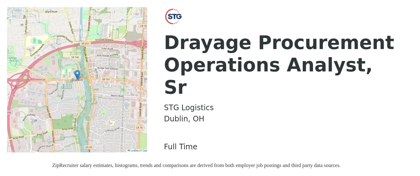 STG Logistics job posting for a Drayage Procurement Operations Analyst, Sr in Dublin, OH with a salary of $58,300 to $112,200 Yearly with a map of Dublin location.