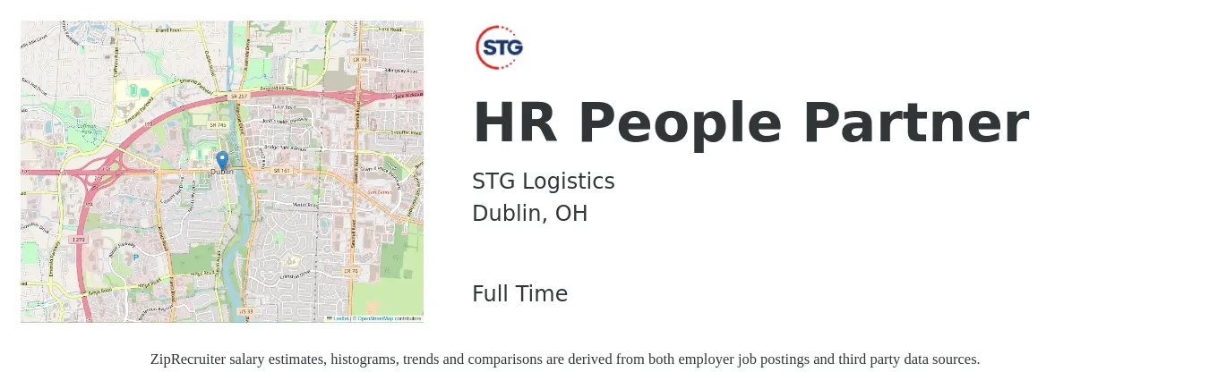 STG Logistics job posting for a HR People Partner in Dublin, OH with a salary of $69,400 to $98,800 Yearly with a map of Dublin location.