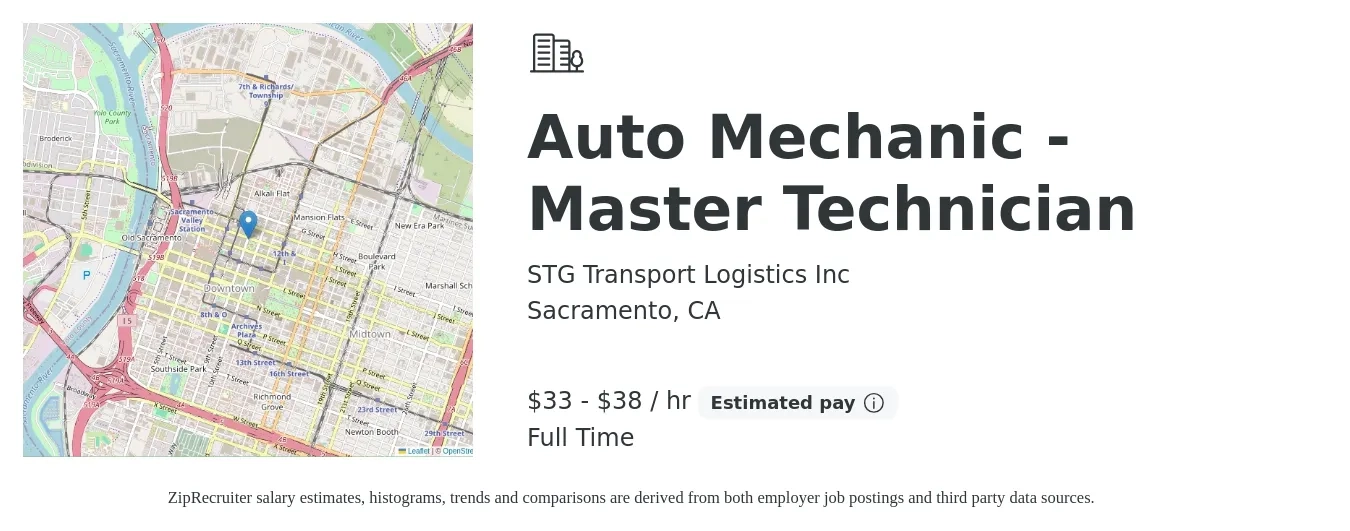 STG Transport Logistics Inc job posting for a Auto Mechanic - Master Technician in Sacramento, CA with a salary of $35 to $40 Hourly with a map of Sacramento location.