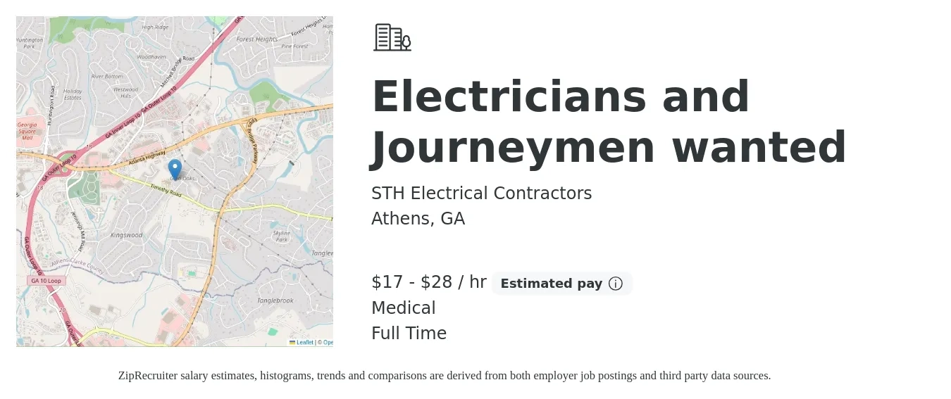 STH Electrical Contractors job posting for a Electricians and Journeymen wanted in Athens, GA with a salary of $18 to $30 Hourly and benefits including medical with a map of Athens location.
