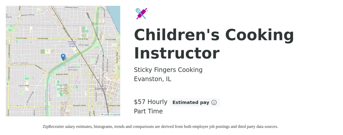 Sticky Fingers Cooking job posting for a Children's Cooking Instructor in Evanston, IL with a salary of $60 Hourly with a map of Evanston location.