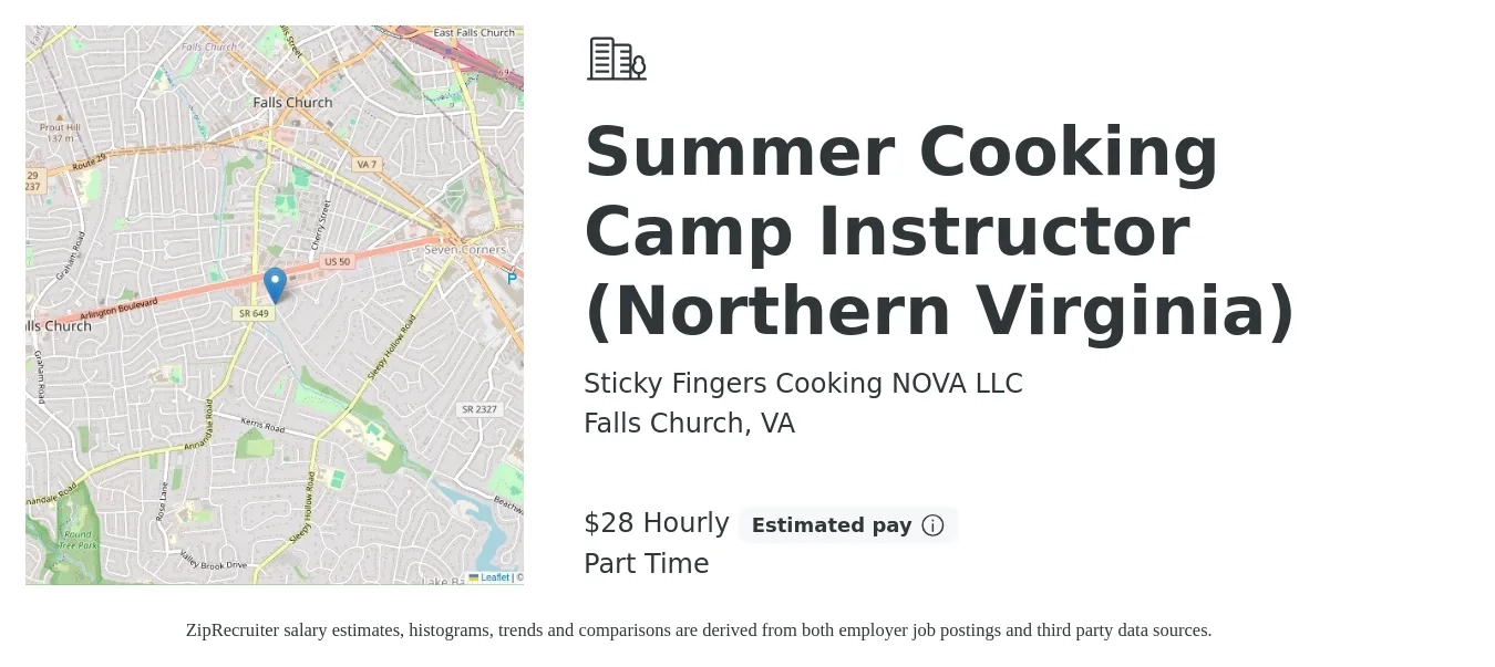 Sticky Fingers Cooking NOVA LLC job posting for a Summer Cooking Camp Instructor (Northern Virginia) in Falls Church, VA with a salary of $30 Hourly with a map of Falls Church location.