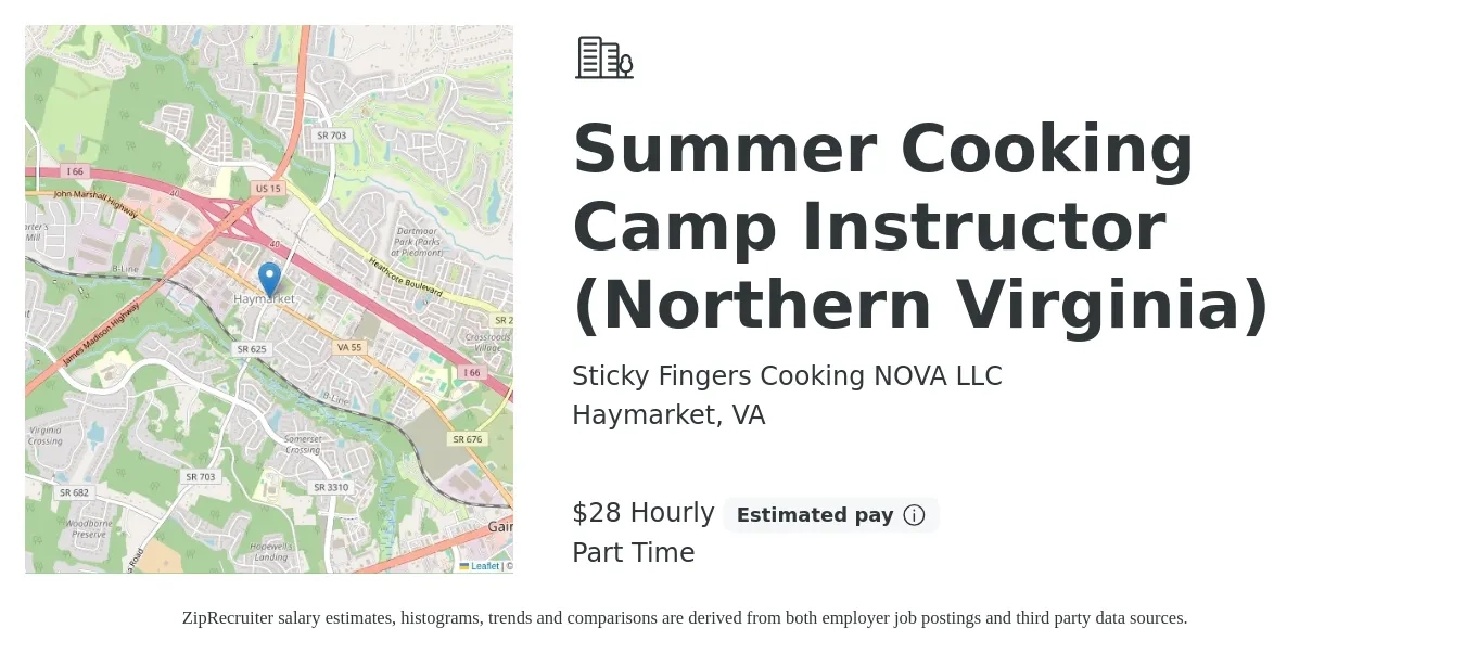 Sticky Fingers Cooking NOVA LLC job posting for a Summer Cooking Camp Instructor (Northern Virginia) in Haymarket, VA with a salary of $30 Hourly with a map of Haymarket location.