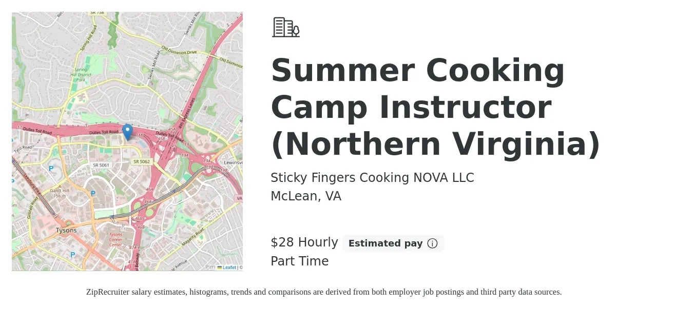 Sticky Fingers Cooking NOVA LLC job posting for a Summer Cooking Camp Instructor (Northern Virginia) in McLean, VA with a salary of $30 Hourly with a map of McLean location.
