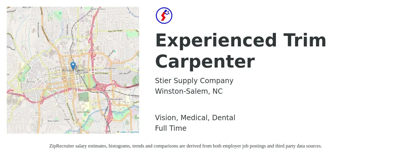Stier Supply Company job posting for a Experienced Trim Carpenter in Winston-Salem, NC with a salary of $20 to $26 Hourly and benefits including dental, life_insurance, medical, retirement, and vision with a map of Winston-Salem location.