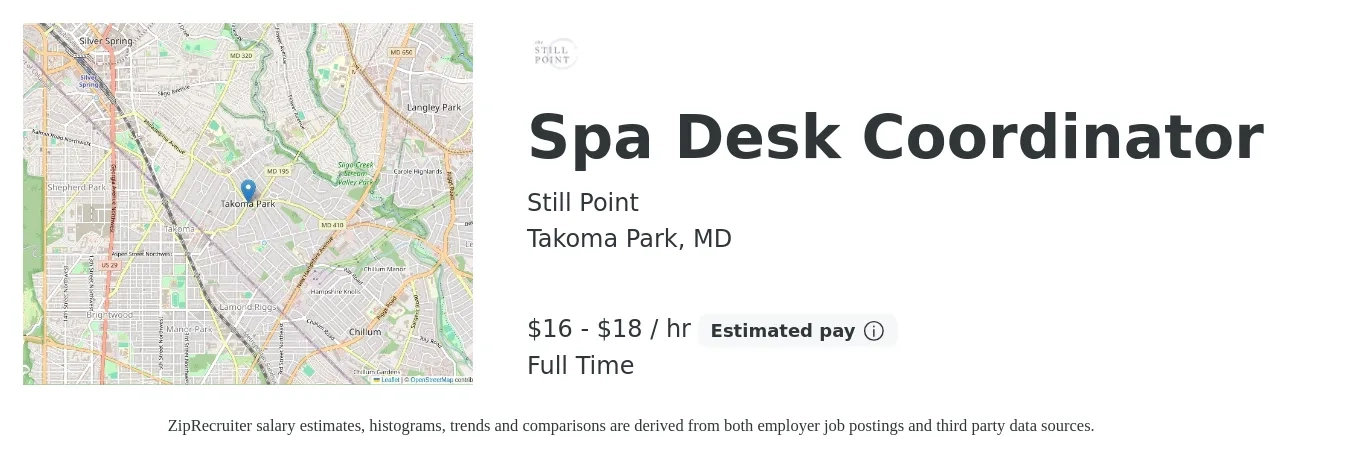 Still Point job posting for a Spa Desk Coordinator in Takoma Park, MD with a salary of $17 to $19 Hourly with a map of Takoma Park location.