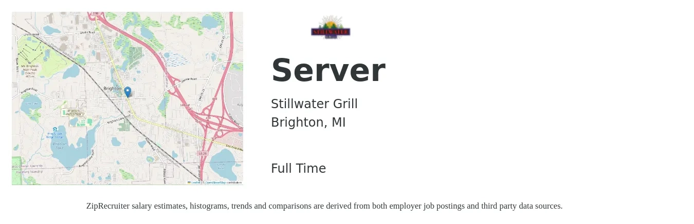 Stillwater Grill job posting for a Server in Brighton, MI with a salary of $10 to $17 Hourly with a map of Brighton location.