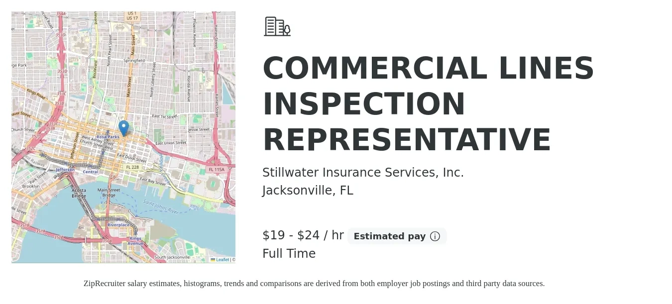 Stillwater Insurance Services, Inc. job posting for a COMMERCIAL LINES INSPECTION REPRESENTATIVE in Jacksonville, FL with a salary of $20 to $25 Hourly with a map of Jacksonville location.