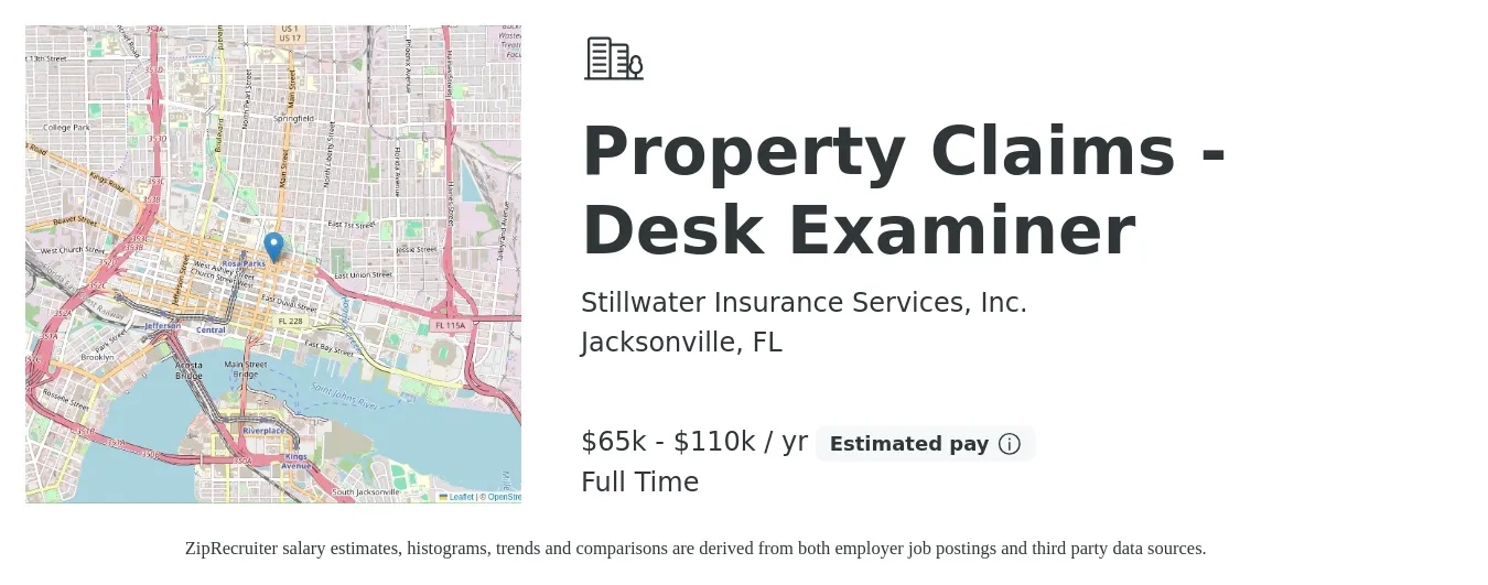Stillwater Insurance Services, Inc. job posting for a Property Claims - Desk Examiner in Jacksonville, FL with a salary of $65,000 to $110,000 Yearly with a map of Jacksonville location.