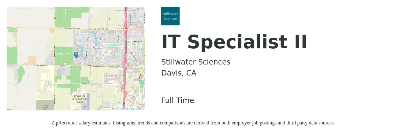 Stillwater Sciences job posting for a IT Specialist II in Davis, CA with a salary of $27 to $32 Hourly with a map of Davis location.
