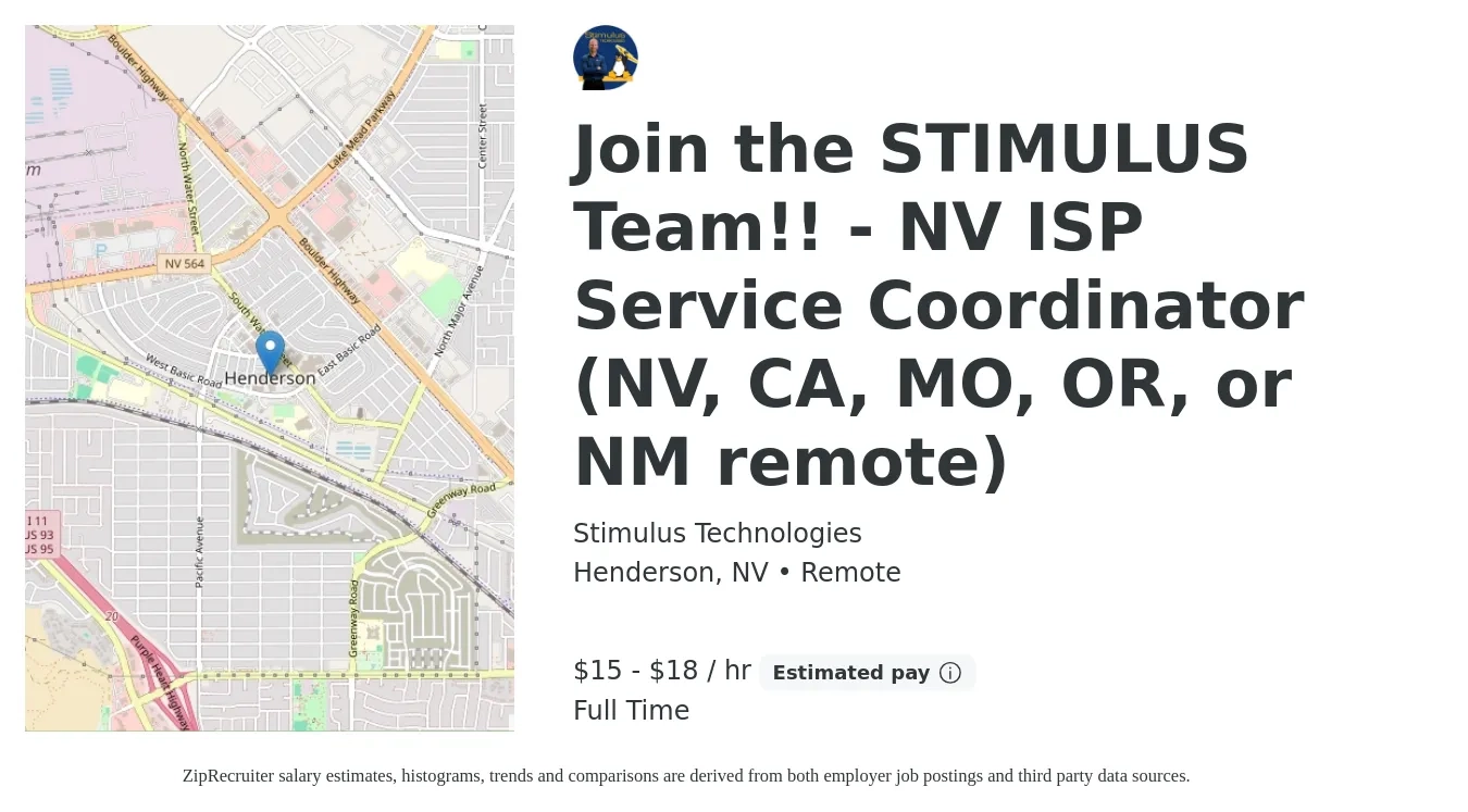 Stimulus Technologies job posting for a Join the STIMULUS Team!! - NV ISP Service Coordinator (NV, CA, MO, OR, or NM remote) in Henderson, NV with a salary of $16 to $19 Hourly with a map of Henderson location.