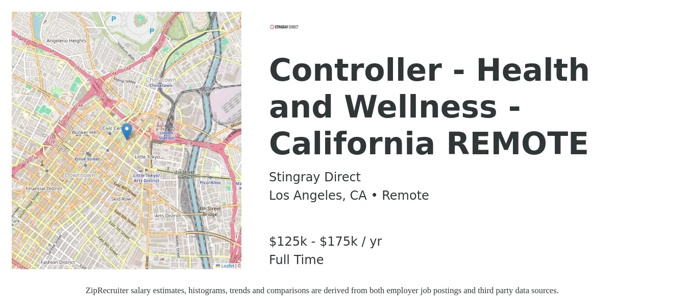 Stingray Direct job posting for a Controller - Health and Wellness - California REMOTE in Los Angeles, CA with a salary of $125,000 to $175,000 Yearly with a map of Los Angeles location.