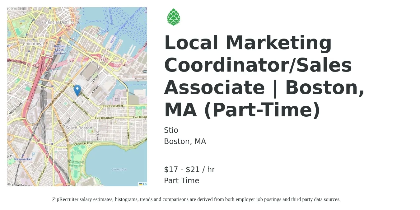 Stio job posting for a Local Marketing Coordinator/Sales Associate | Boston, MA (Part-Time) in Boston, MA with a salary of $18 to $22 Hourly with a map of Boston location.
