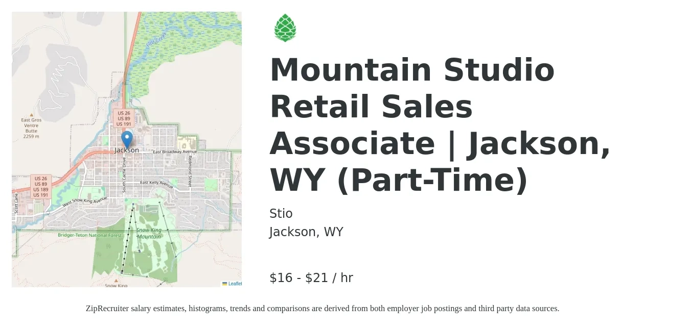 Stio job posting for a Mountain Studio Retail Sales Associate | Jackson, WY (Part-Time) in Jackson, WY with a salary of $17 to $22 Hourly with a map of Jackson location.