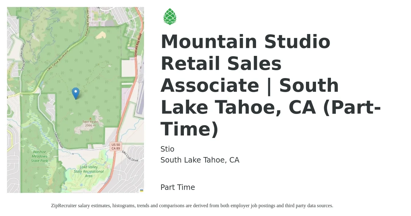 Stio job posting for a Mountain Studio Retail Sales Associate | South Lake Tahoe, CA (Part-Time) in South Lake Tahoe, CA with a salary of $19 to $22 Hourly with a map of South Lake Tahoe location.