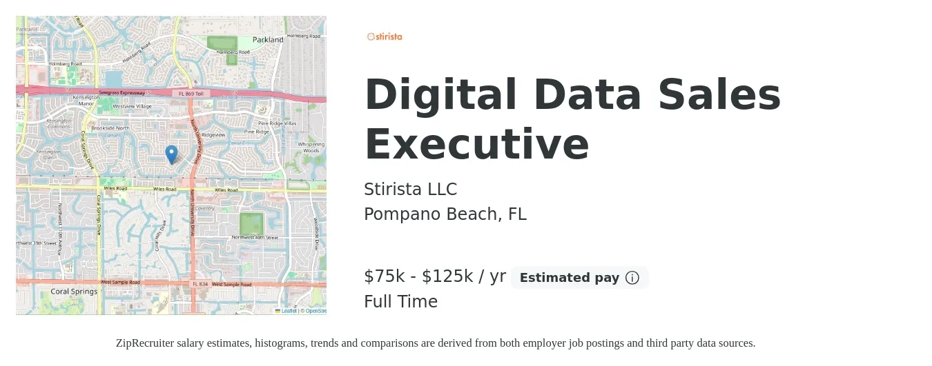 Stirista LLC job posting for a Digital Data Sales Executive in Pompano Beach, FL with a salary of $75,000 to $125,000 Yearly with a map of Pompano Beach location.