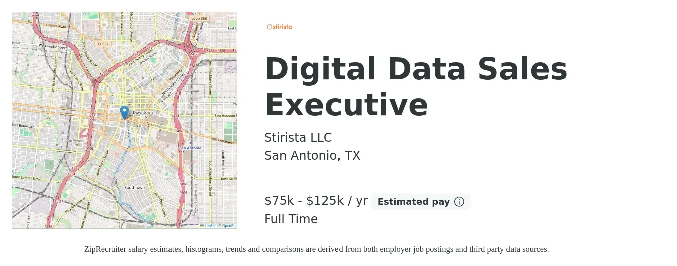 Stirista LLC job posting for a Digital Data Sales Executive in San Antonio, TX with a salary of $75,000 to $125,000 Yearly with a map of San Antonio location.