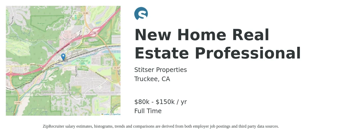 Stitser Properties job posting for a New Home Real Estate Professional in Truckee, CA with a salary of $80,000 to $150,000 Yearly with a map of Truckee location.