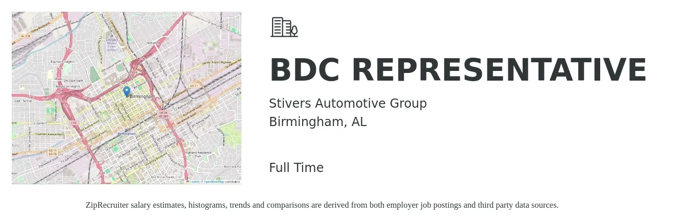 Stivers Automotive Group job posting for a BDC REPRESENTATIVE in Birmingham, AL with a salary of $14 to $19 Hourly with a map of Birmingham location.