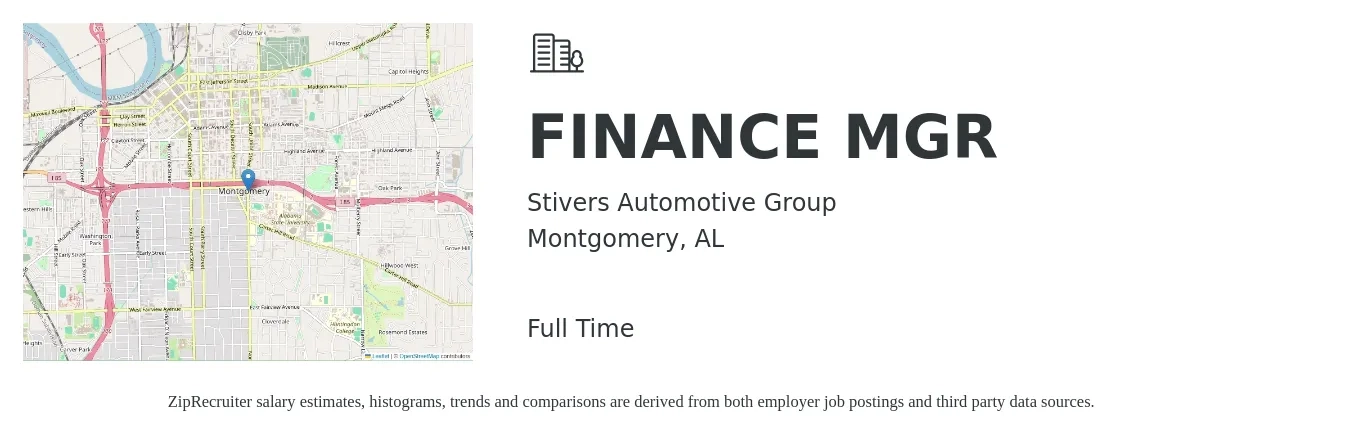 Stivers Automotive Group job posting for a FINANCE MGR in Montgomery, AL with a salary of $78,700 to $139,800 Yearly with a map of Montgomery location.