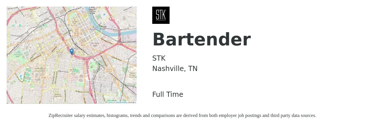 STK job posting for a Bartender in Nashville, TN with a salary of $2 Hourly with a map of Nashville location.